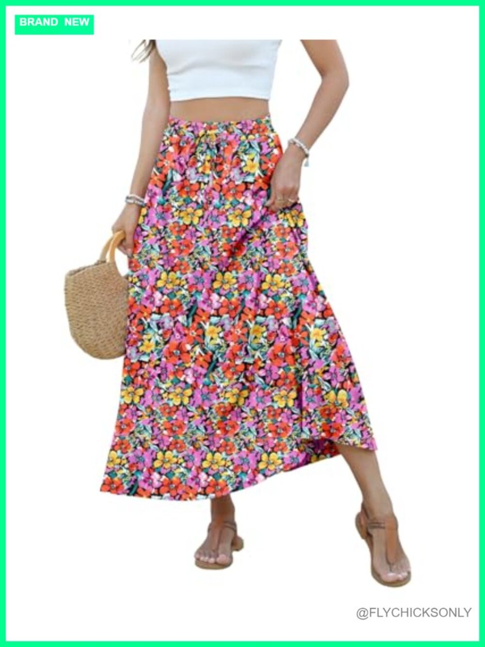 High Waisted Maxi Skirt with Pockets Flowy A-Line Summer Beach